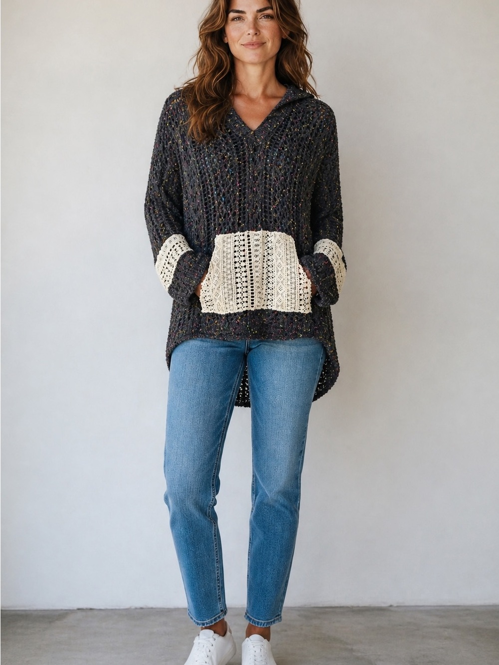 POL Open-Knit Black Scoop Sweater with Cream Crochet Pocket & Cuff Trim - Picture 2 of 9
